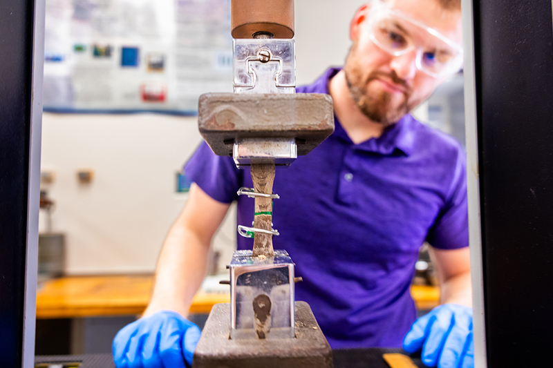 Researcher performs mechanical testing on a wheat straw-based bioplastic specimen.